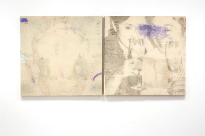 Liminal Cosmos (diptych) — found photographs veiled in wax, their faces left to dissolve.