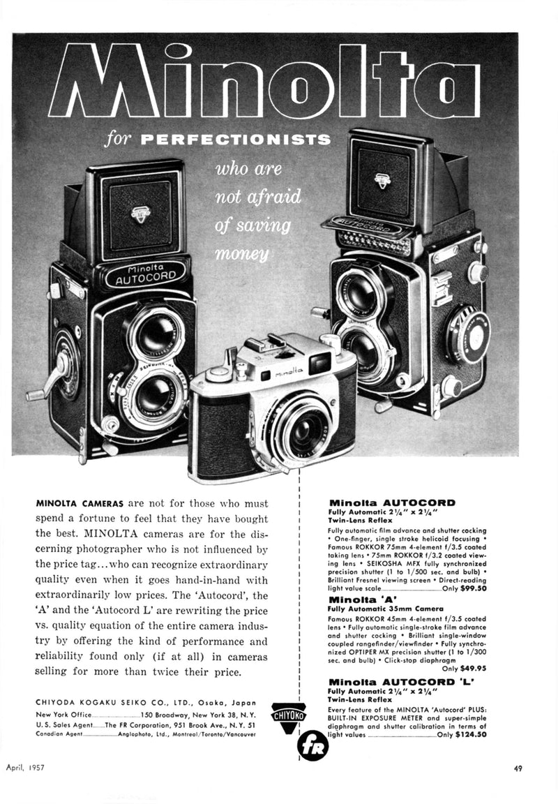 Vintage Minolta Autocord ad (April 1957) — "Minolta for PERFECTIONISTS who are not afraid of saving money" — view 7