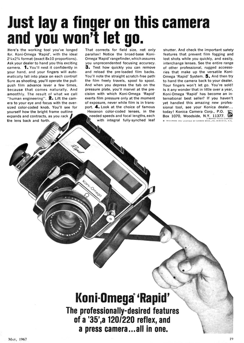 Vintage Koni-Omega Rapid ad (May 1967) — "Just lay a finger on this camera and you won't let go" — view 3